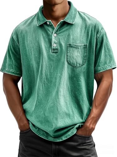 Mokaloha Shirts for Men, Men's Retro Casual Lapel Pocket Solid Color Short Sleeve Shirt Washed and Distressed Polo Shirt2
