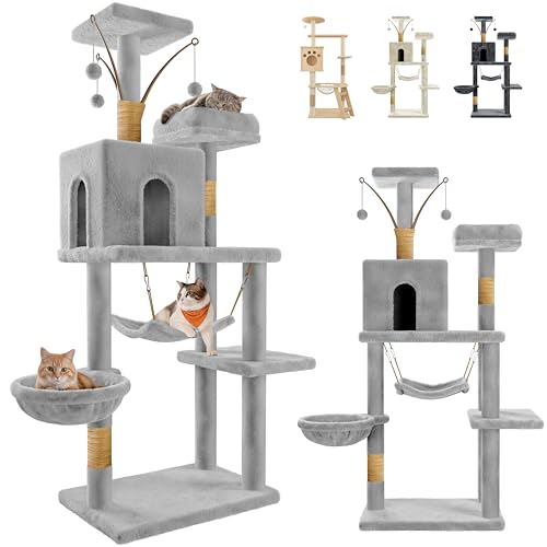JUPPLIES Árvore de raspador para gatos, 143 cm, torre de atividades com 5 plataformas, 3 ninhos, 1 casa e rede, postes de sisal e base estável, 60 × 40 cm, castelo cinzento para casas com vários gatos