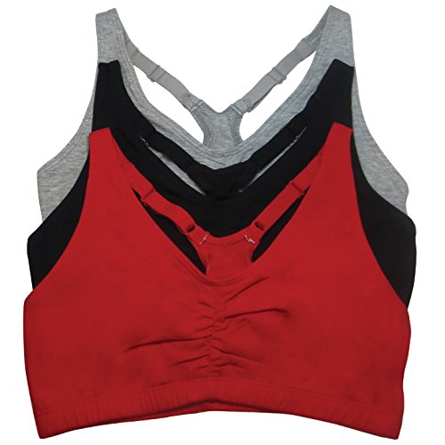 Fruit Of The Loom Womens Adjustable Shirred Front Racerback Sports Bra, Red Hot/Black/Heather Grey - 3-Pack, 36 Us #TOP1