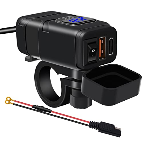 Motorcycle USB Charger, SAE to USB Adapter 48W Dual USB Type C PD & Quick Charge 3.0 Motorcycle Phone Charger with Voltmeter & ON/Off Switch, Waterproof Motorcycle Accessories,Blue