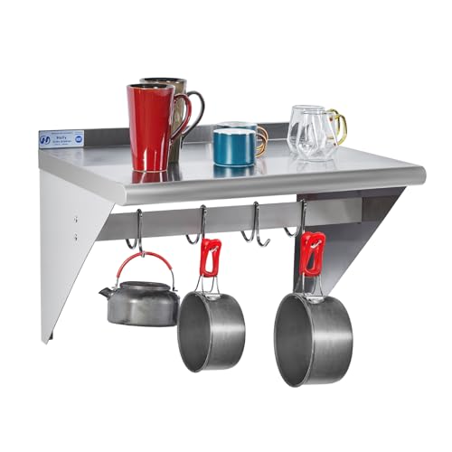 Image of Hally Stainless Steel Shelf with 4 Hooks 18 inch x 24 inch Wall Mounted Pot Rack 300lb, NSF Commercial Floating Shelving for Storage Hanging Pots, Pans, cookware in Restaurant, Kitchen, Home and Hotel