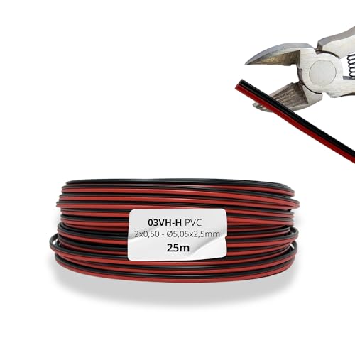 HALOTEC 25 metros Cable Paralelo flexible Rojo y Negro PVC 2x0,50 mm² | Cable Doble Polarizado | Cordón electrico Paralelo para Iluminación, Electrónica y luminarias LED.
