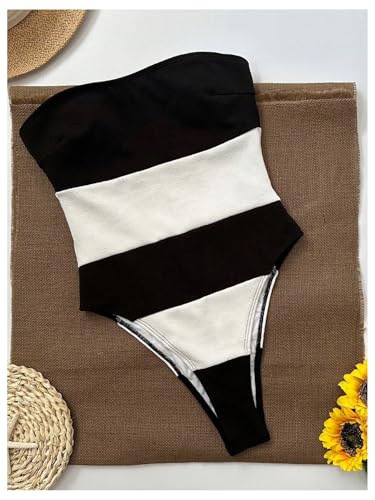 WDIRARA Women's One Piece Color Block Strapless Swimsuit High Cut Bandeau Bathing Suit3