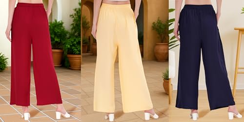 Image of Buy That Trendz Palazzo Pants for Women Rayon Elasticated Regular Fit Flared Wide Leg M to 6XL Pack of 3