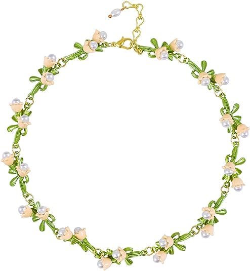 IQUQIXL Lily of the Valley Necklace for Women, Green Paint Leaves and Lily Flower Pearl Pendant Floral Tassel Charm Wedding Spring Summer Jewelry