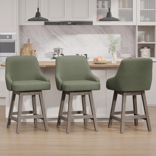 Image of YaFiti Swivel Counter Height Bar Stools Set of 2, 24 inch Modern Chenille Fabric Barstools with Back, Widen Upholstered Seat, Hardened Wood Legs for Kitchen Counter, Island, Dining Room, Sage Green
