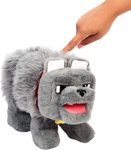 Mattel Minecraft Interaktives Plüschtier mit Sound & beweglichem Mund, Dennis der Wolf, inspiriert von einem Minecraft-Film