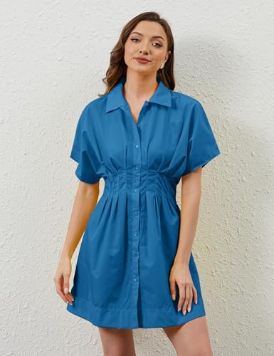 Image of calbatic Women Button Down Pleated Shirt Dress Striped Short Sleeve Summer Casual Business Flowy Mini Short Dress Dark Blue