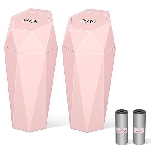Image of Car Trash Can with Lid, Mini Car Trash Cup with 30 Additional Trash Bags, Car Accessories for Interior, Leakproof Vehicle Garbage Bin for Car, Home, Office - 2 Packs, Pink