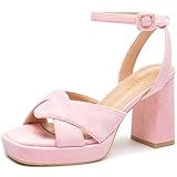 KHPAERMEI Pink Platform Sandals Square Toe Platform Heels for Women Chunky Heel 3.54 Inches Wedges Heels Dress Pumps Comfortable Prom Wedding