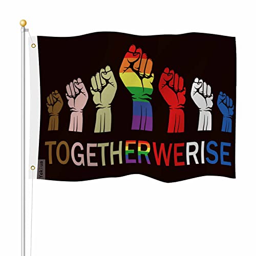 Yekiua Together We Rise Flag 3X5 Outdoor Gay LGBT Rights Fight Fist Double Sided Flags All Weather Long Lasting With 2 Brass Grommets Rainbow