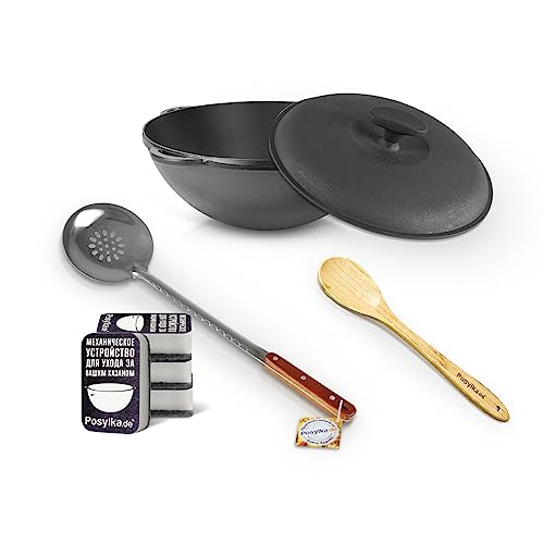 Kazan Hierro fundido Ø 40 cm 12 L con tapa de hierro fundido Ø 40 cm, esponja, cuchara de madera, espumadera para Plov 48 cm Uzbekistán olla WOK плов казан Kazan horno Plov
