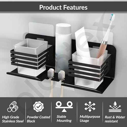Image of Plantex Stainless Steel Self Adhesive Double Tumbler Holder /Toothbrush Stand for Bathroom /Toothpaste Holder /Bathroom Accessories - Pack of 1 (Black)