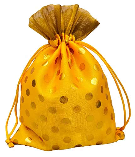 Image of 13CM X 18CM Small Drawstring Bags Pouches Potli for Gift Wedding Jewelry Packaging Bridal Party Favors for Women (25 pc Pack, Yellow Color Golden Polka Dot)
