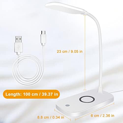 Desk Lamp with 10w Wireless Charger, Macause LED Eye-Caring Table Light, USB Powered Dimmable Bedside Touch Control Bedroom 360° Flexible Energy Saving Light for Study Home Office Work, White