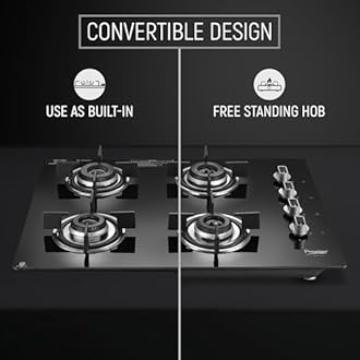 Prestige Efficia Convertible 4 Burner Glasstop Hob|One-Touch Advance Auto-Ignition|Cast-Iron Pan Support|Toughened Glass|SABAF Burners|Ultra-Slim Body|5 Years Warranty on Glass|Black
