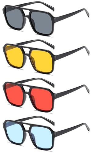IKANOO 4 Pieces Vintage Retro 70s Square Aviator Sunglasses Women Men Classic Rectangle Sunglasses Trendy Shades﻿