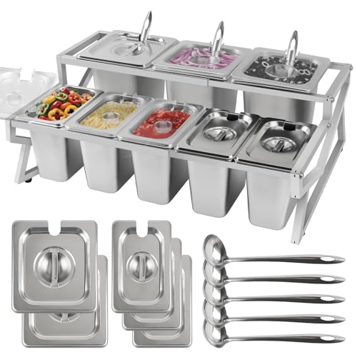 Kalolary 8 Pans Pizza Topping Storage Station, 2 Row Adjustable Stainless Steel Condiment Containers with Lids Spoons Ice Food Serving Display Container Salad Bar Buffet Station for Home Kitchen Kalolary 8 Pans Pizza Topping Storage Station, 2 Row Adjustable Stainless Steel Condiment Containers with Lids Spoons Ice Food Serving Display Container Salad Bar Buffet Station for Home Kitchen