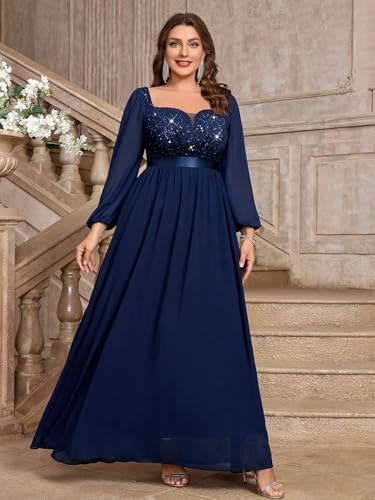 MISSMAY Women's Plus Size Sequin Lace Square V Neck Sheer Long Sleeves Formal Evening Chiffon Long Dress3