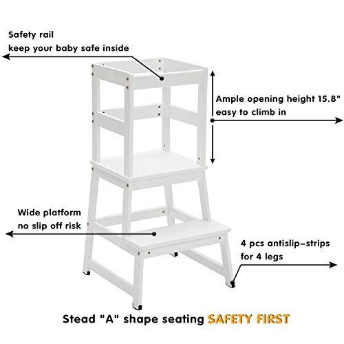 Mangohood Kitchen Helper Step Stool for Kids and Toddlers with Safety Rail Children Standing Tower for Kitchen Counter, Mothers\' Helper Kids Learning Stool, Solid Wood Construction (White)