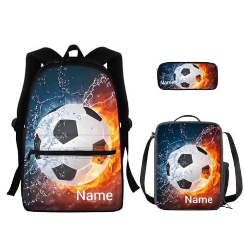 For U Designs CUSTOMJGK-1 Kids Backpack Fire Soccer Print School Bags For Boys With Tote Lunch Bags Pencil Box 3 In 1 Custom Name Book Bags cover