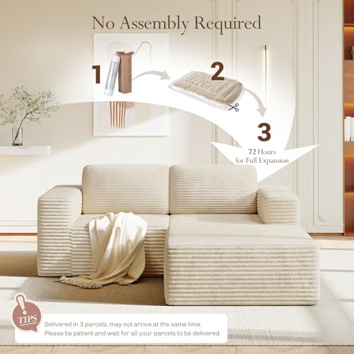 Image of Vesgantti 80 inch Modular Sectional Sofa, Corduroy Cloud Couch with Deep Seats & Spring Support, Compact 2 Seater Boneless Couch, L-Shaped Modular Sofa for Small Spaces, Apartments, No Assembly, Beige