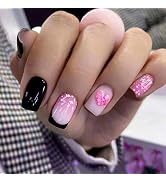 Sokfone Valentine's Day Black Press on Nails French Tip Fake Nails Medium Square False Nails with...