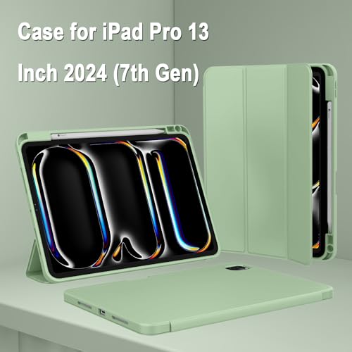 Image of ZryXal New iPad Pro 13 Inch Case (M5) 2025 / (M4) 2024 with Pencil Holder, Smart iPad Case [Support Pencil Pro and Pencil (USB-C)], Support Touch ID and Auto Wake /Sleep (Matcha Green)