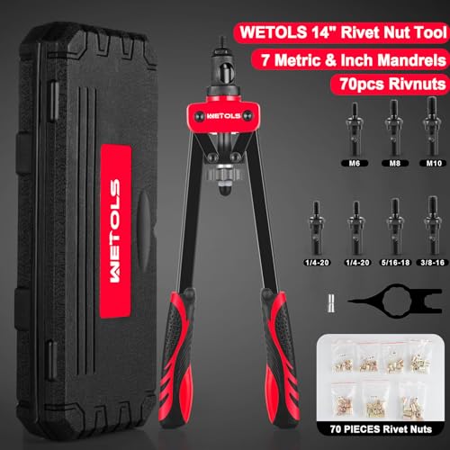 WETOLS 14" Rivet Nut Tool, Hand Rivet Nut Tool with 7 Metric & Inch Mandrels M6 M8 M10, 1/4-20, 5/16-18, 3/8-16, 70pcs Rivnuts and Blow Carry Case - WE882