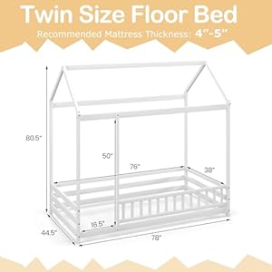 Giantex twin floor bed with fence wood montessori bed with safety guardrails and 805 high roof design without slats house bed frame low floor bed twin for kids girls boys white  urban country home decor