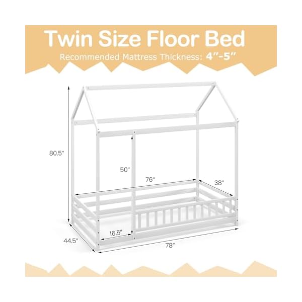 Giantex twin floor bed with fence wood montessori bed with safety guardrails and 805 high roof design without slats house bed frame low floor bed twin for kids girls boys white  urban country home decor