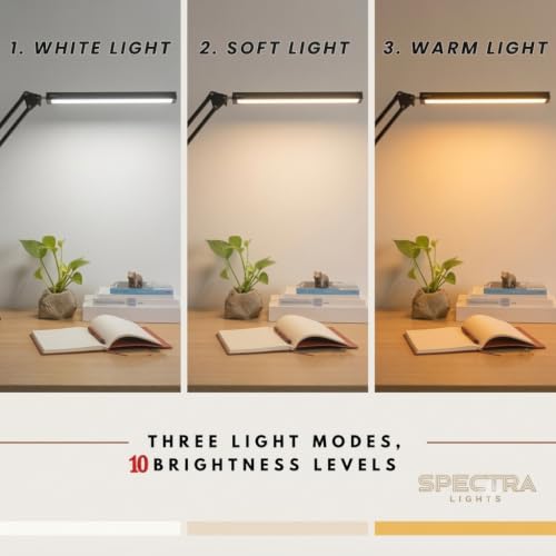Image of Modern Desklamp with 360 Adjustable arm and clamp, 3 Color Modes & 10 Brightness Level. Eye Caring 12W Table Light - for Office, Study Table, Reading Room, Home