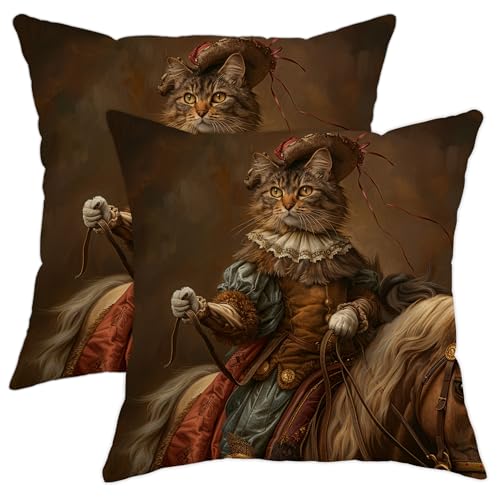 Lot de 2 housses de coussin médiévales avec motif chat cheval, art baroque marron - Décoration royale pour maison, canapé, lit, canapé, 45,7 x 45,7 cm
