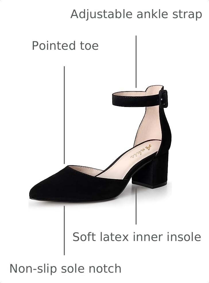 Image of Ankis Closed Toe Heels for Women, 2.25 Inch Low Block Chunky Dress Pumps | Black Nude White Gold Silver Pointed Toe Design, Soft Insole, Adjustable Ankle Strap, Classic Versatile, For Formal Daily