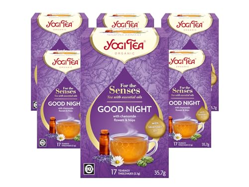 Yogi Tea, For The Senses, Good Night, Organic Herbal Tea with Essential Oils, Naturally Caffeine Free, Blend of Lavender, Chamomile and Hops, 6 Packs x 17 Tea Bags (102 Teabags Total)