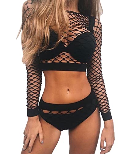 XIUSEMY Women Lingerie Set Sexy Bodysuit Two Piece Babydoll Fishnet Nightwear (Black S6, One Size)