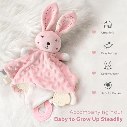 Image of ZIGJOY Baby Girl Lovey, Pink Bunny Security Blanket with Crinkle & Teether | Raised dot flannel and short plush add cozy texture for grasping, cuddling and play.