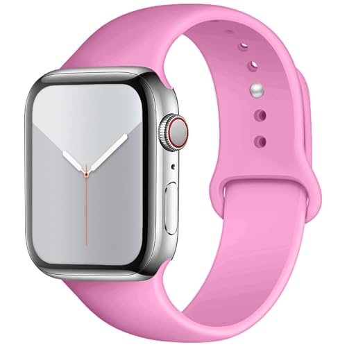 Sport Watch Band Compatible with Apple Watch Band 38mm 40mm 41mm 42mm 44mm 45mm 46mm 49mm Women Men, Soft Silicone Replacement Strap with Classic Clasp for iWatch Ultra SE Series 10/9/8/7/6/5/4/3/2/1 (Bright Pink, 44mm/45mm/46mm/49mm/42mm(Series 3) M/L)