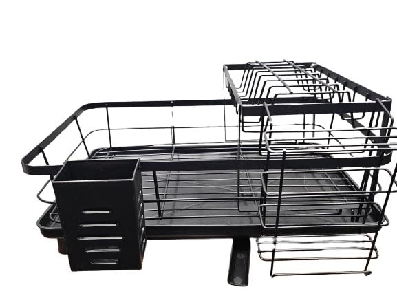 Escurridor de platos de 2 niveles de gran capacidad, multifuncional, a prueba de óxido, para encimera de cocina con boquilla a prueba de fugas, estante para tabla de cortar, soporte grande para