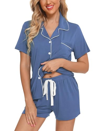 Image of Samring Womens Pajamas Set Short Sleeve Sleepwear Button Down Nightwear Shorts Soft Pj Sets S-XXL