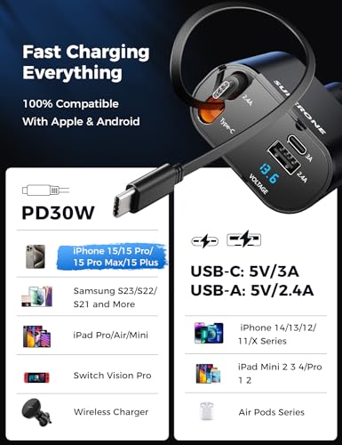 SUPERONE Retractable Car Charger for iPhone with Dual Type C Cables, 4 in 1 USB C Car Charger Adapter with PD 60W Fast Charging Compatible with iPhone 14 13 12 11 Pro/XS/XR/SE/iPad/Airpods
