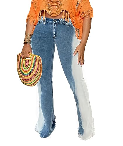 Sexyshine Women's Bell Bottom Jeans High Waist Distressed Tassel Raw Hem Gradient Color Block Flare Wide Leg Denim Pants2