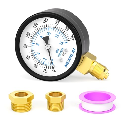 MEANLIN MEASURE 0~200Psi/0~14BAR Well Pump Pressure Gauge 2 DIAL FACE 1/4 BSP, with 1/4 x 1/2 BSP and 1/4 x 3/8 BSP Hex Bushing, Pool Sand Filter Water Oil Air Pressure Test Center Lower Mount