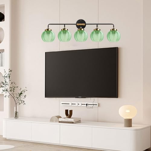 Image of 5-Light Emerald Green Vanity Lights Unique Leaf Texture Glass Shade | Bathroom Light Fixture,Black Gold Metal Finish,E26 Base,27.2Inch Long, 5.9″ Glass Shade,Over Mirror,Bedroom,Hallway,Cabinet