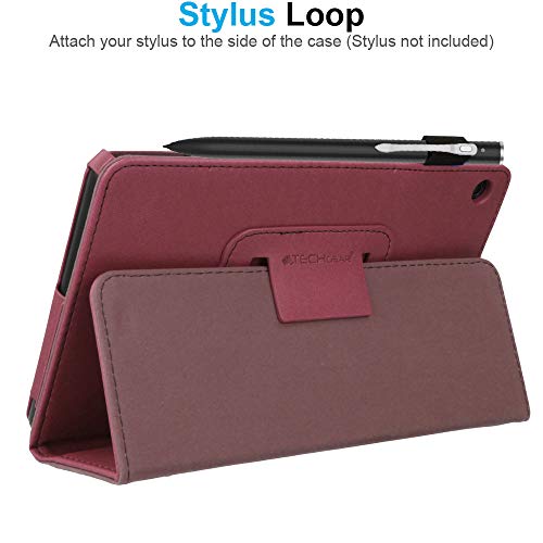 TECHGEAR Case Designed For All New Amazon Fire 7" (9th Generation / 2019 Release) PU Leather Slim Folio Stand Case Cover with Hand Strap [Plum] with Auto Wake/Sleep