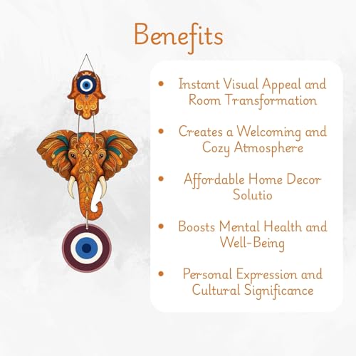 Image of GiftOday Designer Elephant Wooden Wall Hanging for Home Decor | Hamsa Hand Decoration for Livingroom | Modern Artworks Items | Peace Charm Door Accent Decorative Hangings (Design 2)