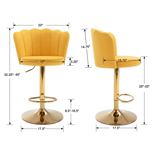 Janoray Velvet Adjustable Bar Stools With Petal Backs Set Of 2 Swivel Modern Counter Bar Height Stool Chairs With Gold Footrest And Base Barstools For Home Bar/Kitchen/Dining Bar, Yellow #TOP1