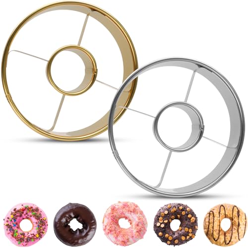 Rierdge 2 Pack Stainless Steel Donuts Cutter Set, 3.86 Inch Professional Baking Tool with 1.38 Inch Center Hole for Perfect Homemade Donuts, Silver & Gold