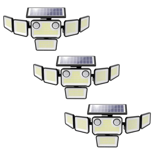 omibee Dual Motion Sensor Solar Lights Outdoor, 3000LM Solar Flood Lights 6 Adjustable Heads Security Wall Lights, IP65 Waterproof & Remote Control for Graden, Outside, Backyard, 3 Pack