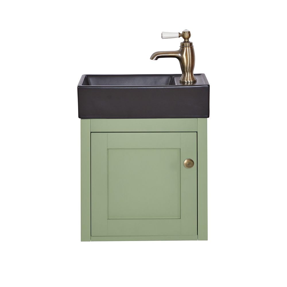 Milano Aged Gold (Round) Thornton Pastel Green 400Mm Wall Hung Bathroom Vanity Unit Black Basin Gold Handle